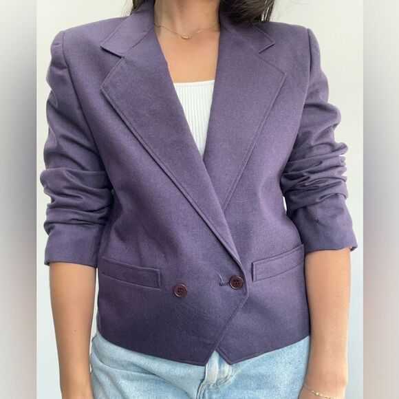 Givenchy Eggplant Purple 100% Wool Cropped Boxy Blazer Double Breast Size S - Picture 3 of 16